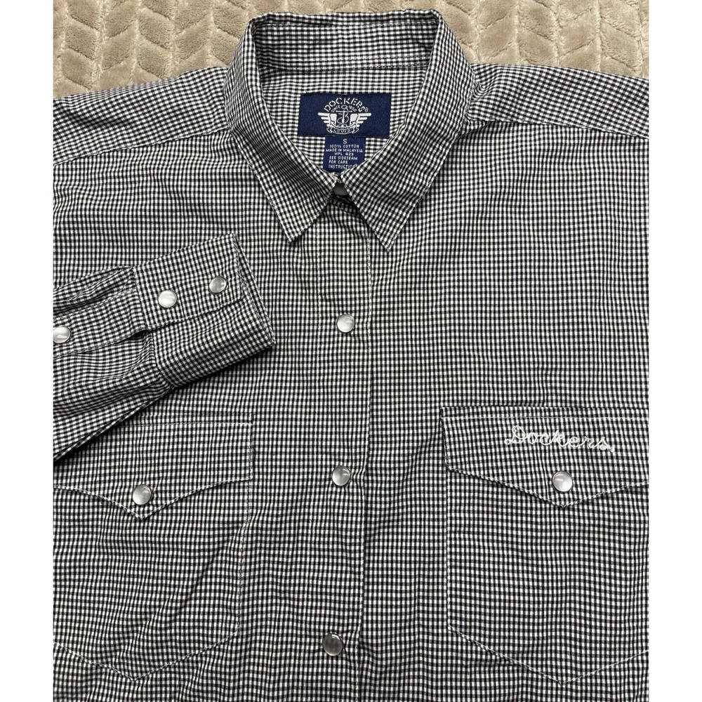 Dockers Women’s Western Shirt Size S Blue White Gingham Pearl Snaps Long Sleeve
